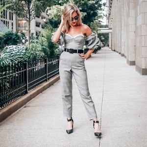 Gingham off the shoulder puff sleeve jumpsuit